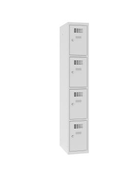 Ein lichtgrauer Fächerschrank mit einem Abteil und vier Fächern mit jeweils einer Tür. Alle Türen sind geschlossen. Der Schrank steht vor einem weißen Hintergrund.
